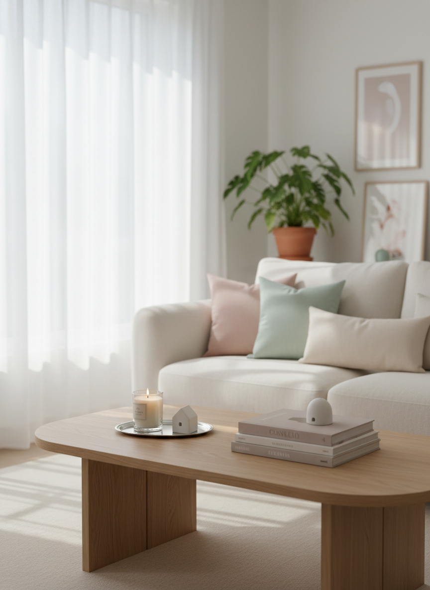 A bright, airy living room styled in a clean, feminine aesthetic, featuring a plush off-white sofa with rounded arms and pastel throw pillows in blush, mint, and soft beige. A light oak coffee table with curved edges holds a small tray with a scented candle, a stack of neatly arranged decor books, and a tiny ceramic house-shaped ornament. The room is framed by sheer white curtains billowing near a large window, with soft morning sunlight creating gentle highlights and rounded shadows. Shot at eye level with photographic realism, the composition uses the rule of thirds and a shallow depth of field, giving a playful yet calm atmosphere, with blurred hints of framed minimalist art and a potted plant in the background.
