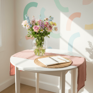 A cheerful, budget-friendly dining nook with a small round white table featuring smooth, rounded edges, styled with a simple linen runner in dusty rose. On top, a clear glass vase holds a loose, imperfect bouquet of supermarket flowers in pastel tones, beside a woven placemat displaying an open notebook and a gold-tone pen. The backdrop is a clean white wall decorated with removable pastel wall decals in abstract, curved shapes. Natural afternoon light pours in from an unseen window, creating soft, elongated shadows and bright, playful reflections on the vase. Photographic realism, shot from a slightly elevated three-quarter angle, with a sharp foreground and subtly blurred background, conveying an accessible, feminine, and energetic mood perfect for everyday home decor inspiration.