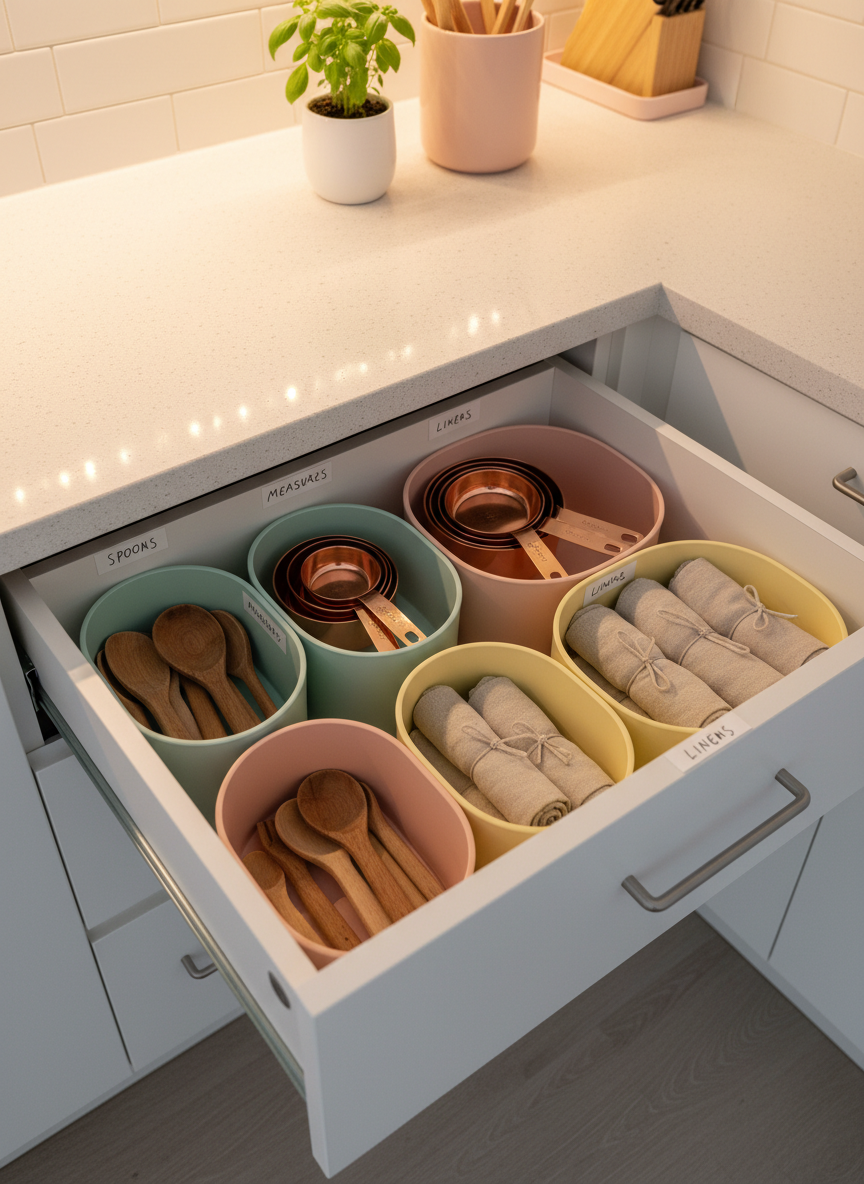 A meticulously organized kitchen drawer pulled halfway open in a modern, compact kitchen, showing pastel-colored organizers with rounded compartments. Inside, neatly arranged wooden spoons, rose-gold measuring cups, and soft beige dishcloths are perfectly aligned, with labels in a delicate script on each section. The countertop above is a light speckled quartz with a tiny potted herb plant in a white pot and a blush ceramic utensil holder just in frame. Overhead warm LED lighting casts a soft, even glow, creating gentle, curved shadows around each object. Captured from a top-down, bird’s-eye view in photographic realism, the composition is bright, clean, and playful, with an energetic yet calming atmosphere that highlights practical organization for everyday life.