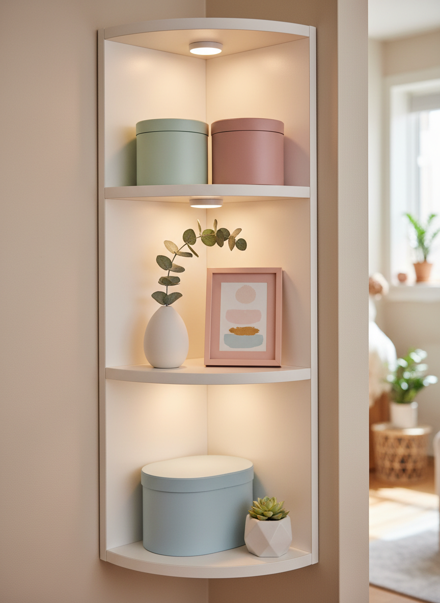 A cozy, organized corner shelf in a small apartment, filled with accessible home decor pieces: rounded pastel storage boxes, a small white ceramic vase with a single eucalyptus branch, and a blush-pink picture frame with abstract art. The matte white shelf contrasts with a pale beige wall, accented by adhesive LED puck lights that cast warm, diffused glows on each level. Shot from a slightly elevated angle, the composition emphasizes clean lines and playful, curved shapes. The background softly fades into bokeh, suggesting the rest of a tidy, bright room. The mood is practical yet whimsical, with photographic realism, saturated but soft colors, and an inviting, budget-friendly feel that inspires simple organization ideas.