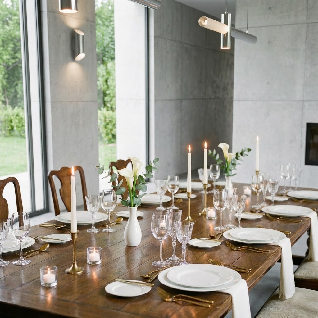 Long wooden banquet table with peach rose floral centerpieces, lit candles, and formal place settings.